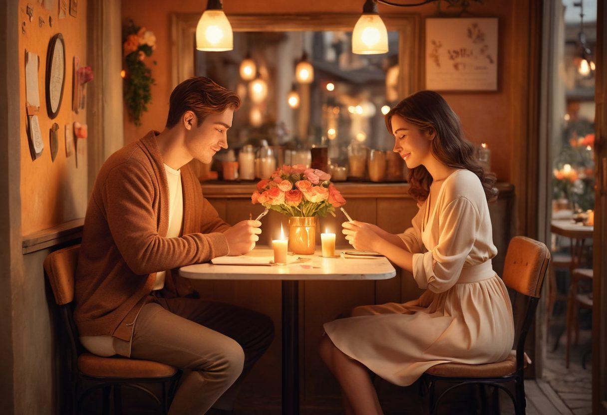 A romantic scene depicting a couple sharing heartfelt gestures, such as writing love notes and exchanging flowers, set in a cozy café with soft candlelight. Include a warm color palette that evokes a sense of intimacy and passion. Surround them with whimsical heart shapes and soft textures to enhance the mood of love and connection. super-realistic. warm colors. soft focus.