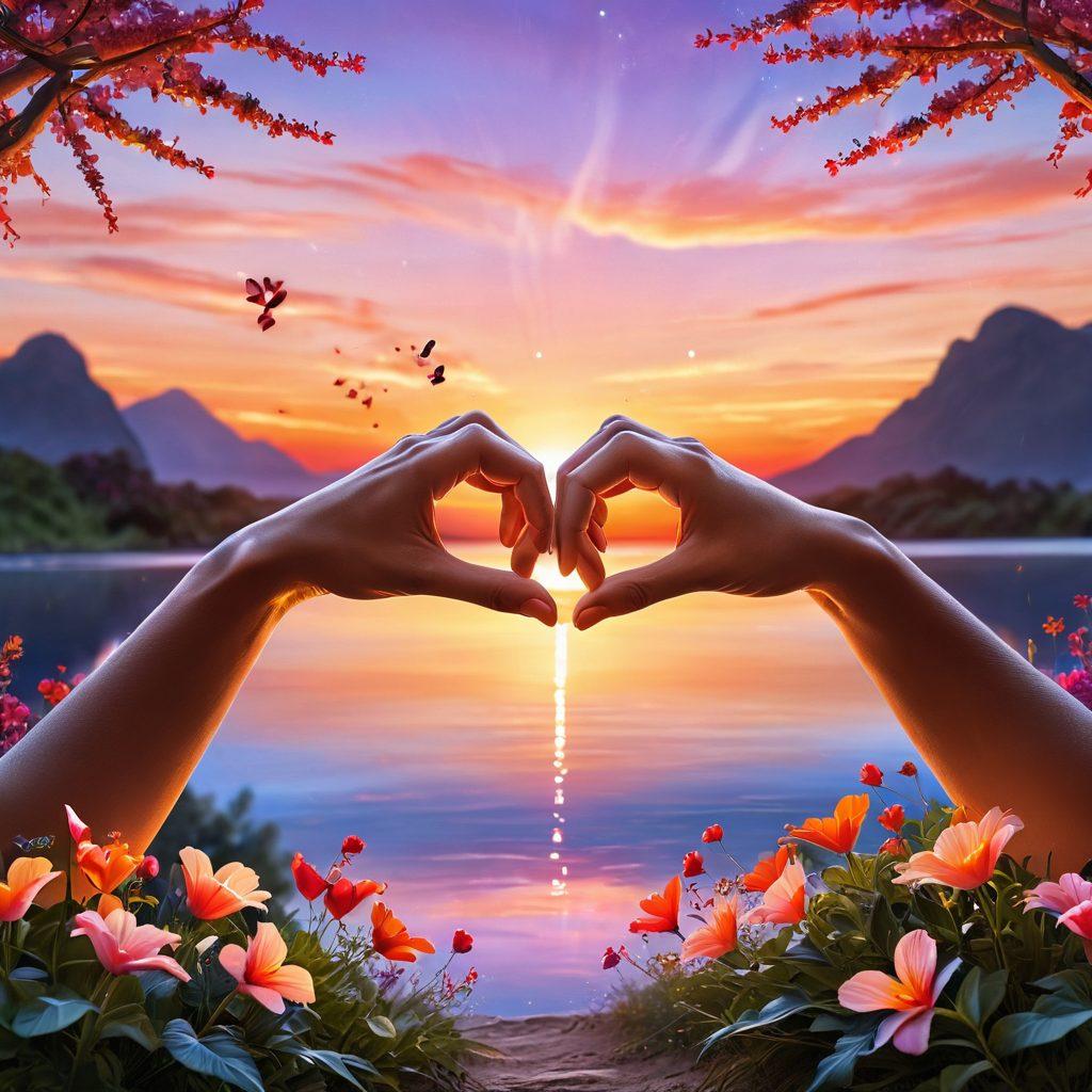 A romantic scene featuring two hands gently intertwined, surrounded by heart-shaped light trails and soft glowing orbs that symbolize passion and connection. In the background, a serene sunset illuminates the horizon, creating a warm, inviting atmosphere. Elements like blooming flowers and fluttering butterflies enhance the theme of love. super-realistic. vibrant colors. dreamy atmosphere.