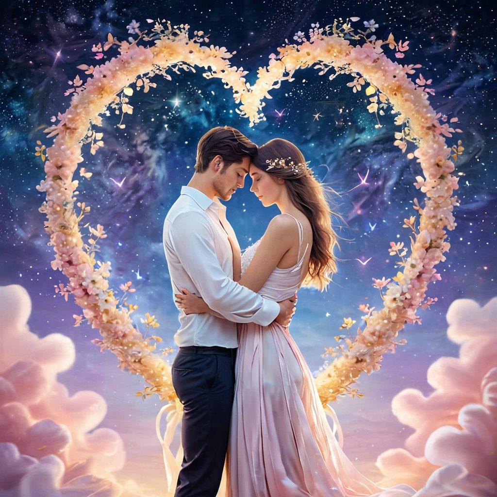 A dreamy scene depicting two soulmates intertwined in a warm embrace, surrounded by soft, flowing ribbons of light representing love and attachment. In the background, gentle pastel colors blend to create a serene atmosphere, with symbolic elements like intertwined hearts and delicate flowers to represent effective love tips. The foreground features subtle hints of a starry sky, suggesting the infinite nature of love. ethereal, vibrant colors, soft focus.